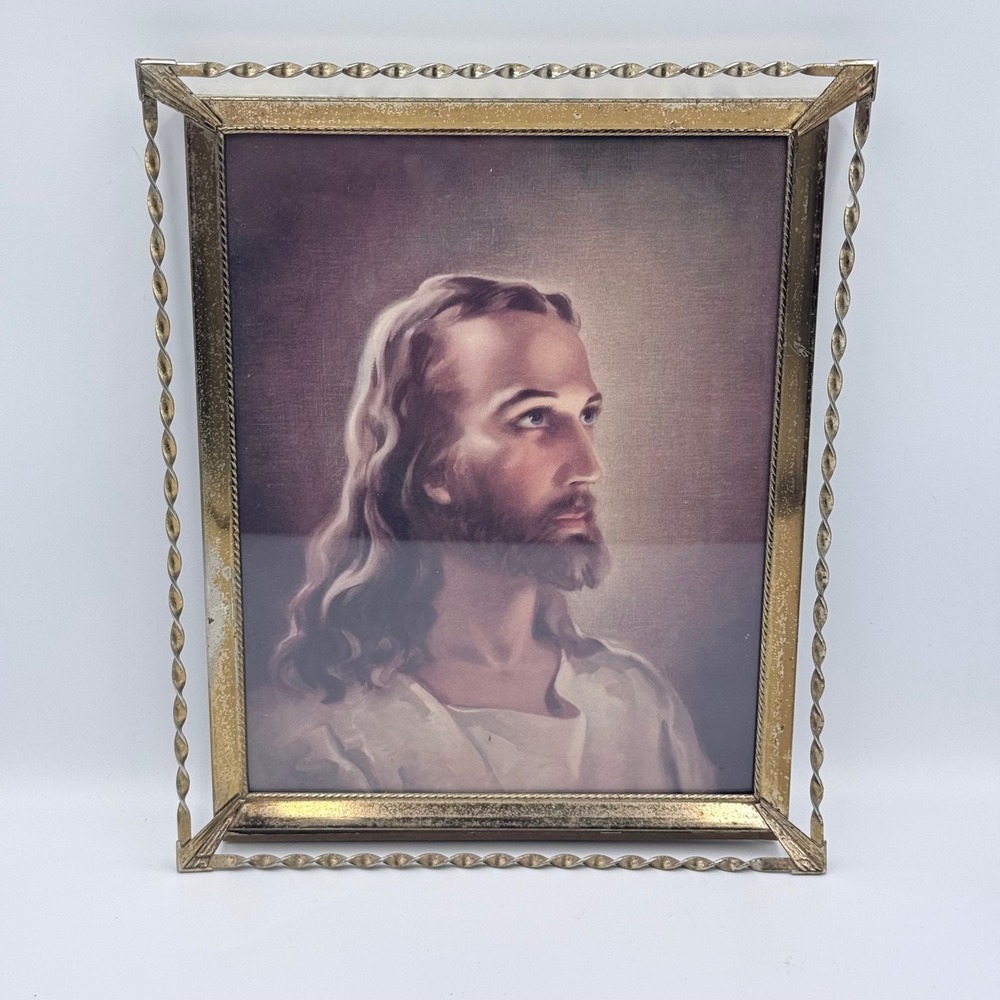 Vintage Warner Sallman Head of Christ Print Gold Tone Twisted Metal Frame 9x11